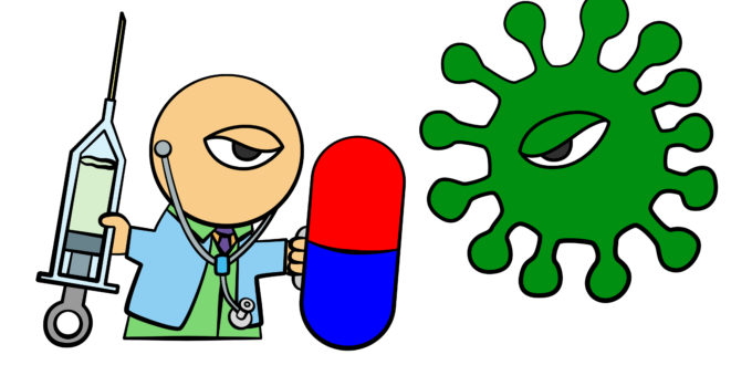 ein Cartoon, rechts ein grüner Virus, links ein Manderl mit Spritze und Medikament, übergross