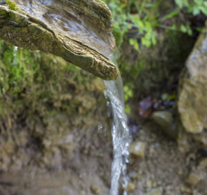 Quellwasser rinnt über ein halboffenes Holzrohr und fällt auf den natürlichen Boden, in Grossaufnahme