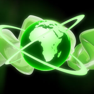 in grellgrün mit schwarzem Hintergrund ist ein virtueller Globus mit Trabanten graphisch dargestellt