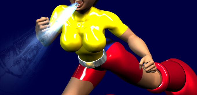 eine weibliche Manga-Zeichentrickfigur, die Fäuste geballt, zischt sie vor Wut und eilt fliegend mit roten Stiefeln dahin, Hintergrund ist dunkelblau